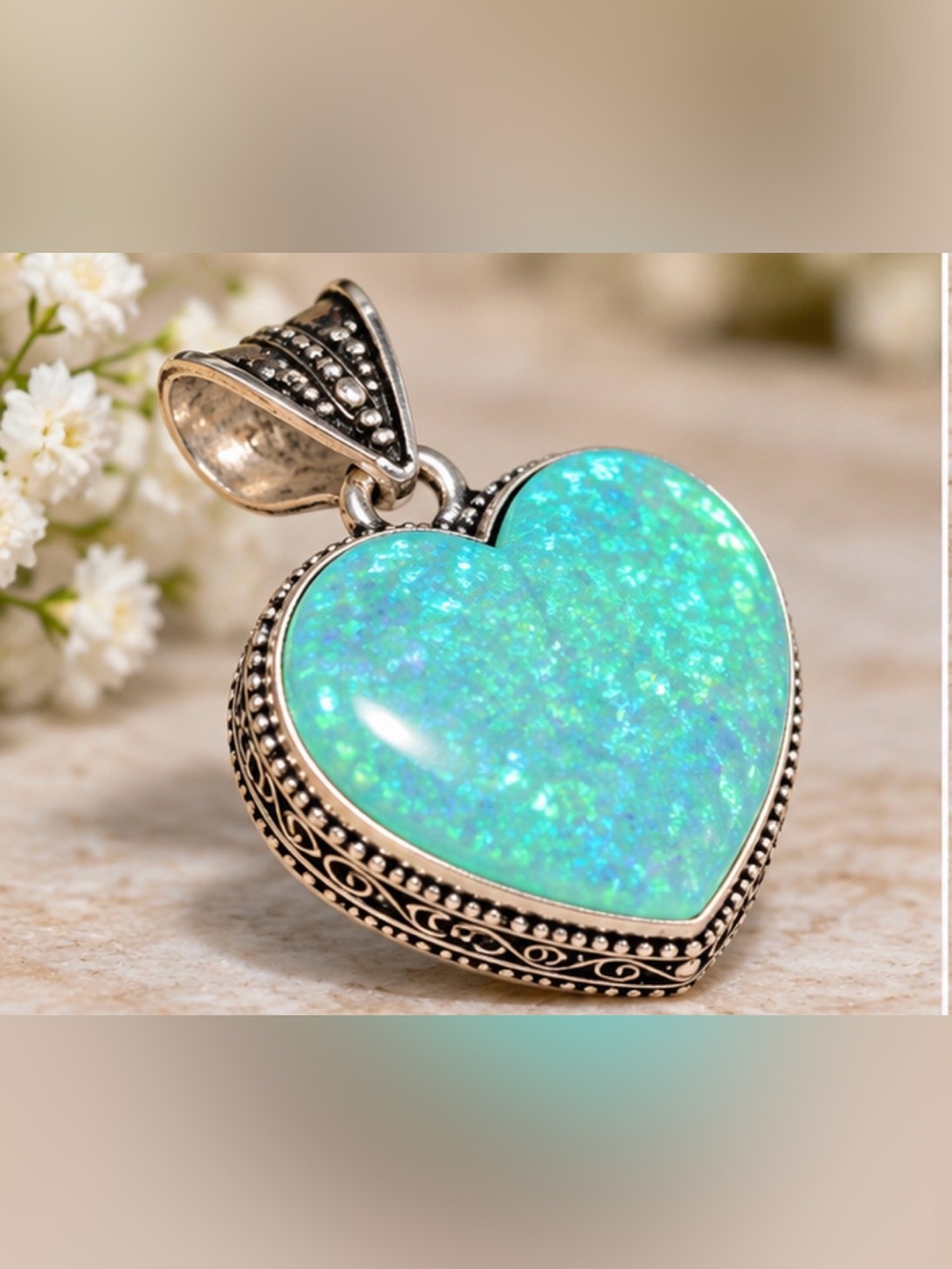 925 sterling silver plated Heart-Shaped Blue Opal Pendant Necklace - Women Jewel